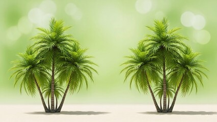 Fototapeta premium Two green palm trees on a sandy beach with a bright green background and bokeh lights