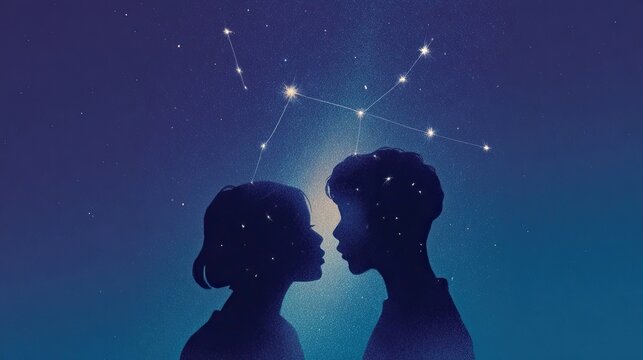 Illustration of two silhouettes beneath starry sky connected by constellation lines representing fate destiny and emotional alignment through cosmic symbolism