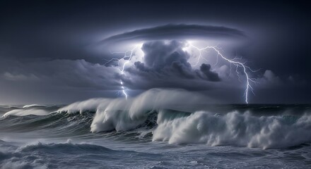 Dramatic Seascape with Lightning Storm Over Ocean Waves.