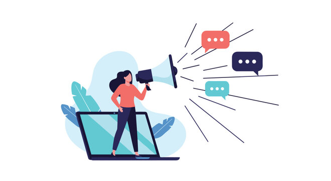 A woman stands on a laptop keyboard holding a megaphone to announce news illustrating digital marketing and online promotion.