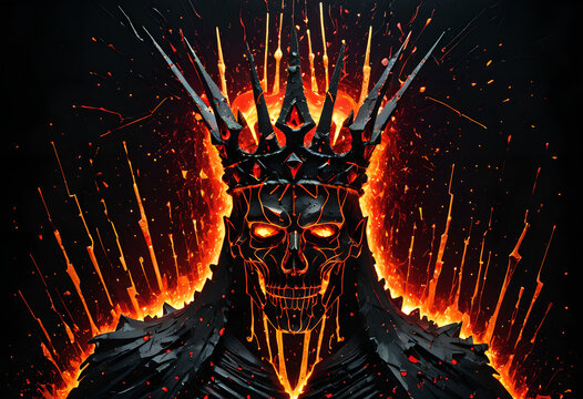 Abstract Hades God of Underworld, obsidian shards, liquid gold, hellfire glow, dark art.