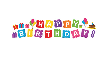 Vibrant HAPPY BIRTHDAY! message spelled with colorful letter blocks, surrounded by festive balloons, wrapped gift