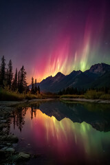 Fototapeta premium Colorful Northern Lights Over Lake at Night – AI Generative