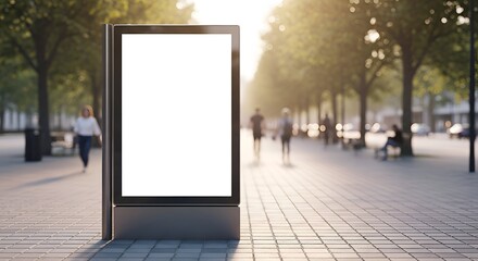 Blank Illuminated Advertising Billboard On City Sidewalk with Blurred People and Trees Under Sunlight