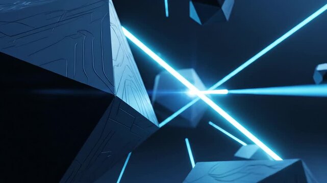 Abstract 3 d polygon mesh with bright glowing blue light streaks and reflections