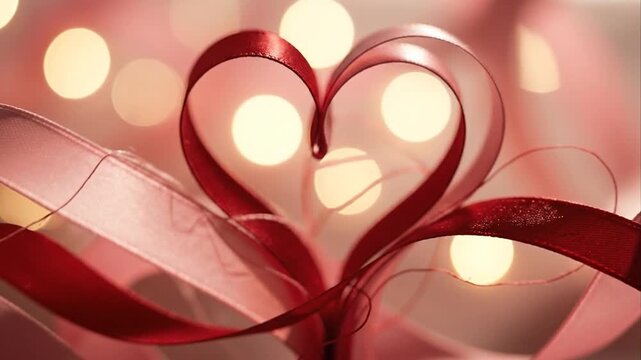 Red ribbon heart shape symbolic love concept close up shot
