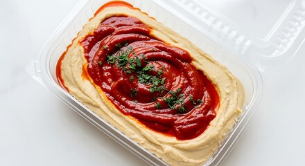 Delicious Hummus with Red Pepper Sauce and Parsley Garnish.