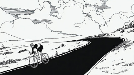 Obraz premium Minimal line illustration of cyclist riding empty road through open landscape conveying solitude endurance and steady personal journey