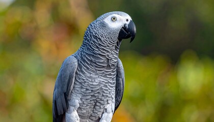 Obraz premium Retrato de loro gris africano en entorno natural con fondo desenfocado y luz suave