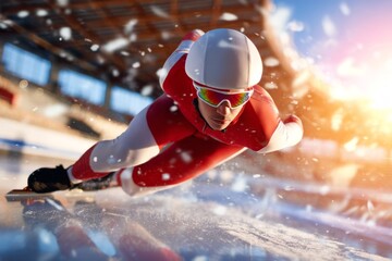 Speed Skater Cornering Sharply on Ice Track in Motion