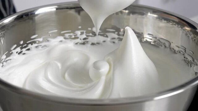 Beaten egg whites whipped to stiff peaks in a metal bowl