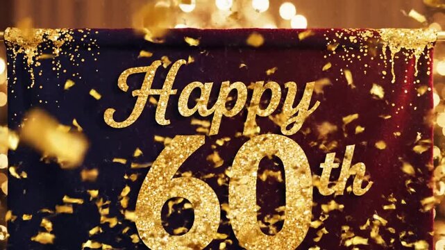 60th Happy Birthday - Sparkling Gold Confetti Showering on 'Happy 60th Birthday' Banner - Celebratory Event Background