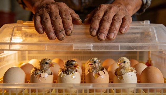 Close-up of four wet, newly hatched chicks emerging from cracked eggs inside a warm incubator, beneath a worker's hands.