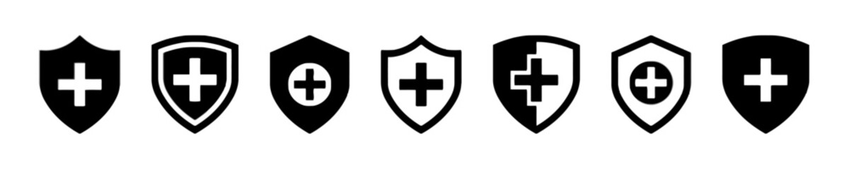 Fototapeta premium Shield with cross icons representing healthcare, protection, safety, medical assistance and security, available in solid and outline styles with different shield shapes and backgrounds