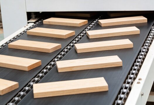 Industrial machinery moving wooden planks on a dark conveyor belt system powered by metal roller chains.
