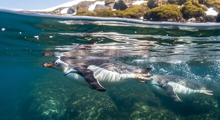 Galapagos Penguins Swimming Underwater - A Glimpse into Marine Life.