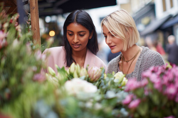 Two diverse women in pastel and knitwear selecting flowers at a street market stall for mindful slow living amid blurred outdoor background.