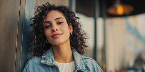 Hopeful Latina woman in light denim jacket smiling gently for emotional wellbeing against blurred outdoor cafe wall background with copy space.