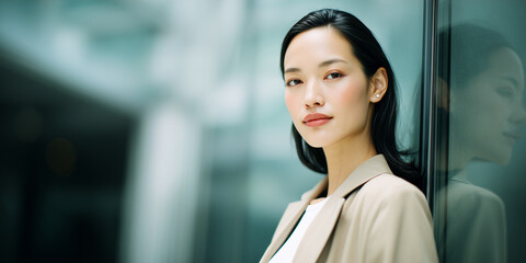Confident East Asian woman in a beige blazer for personal branding standing against a blurred glass building background with reflective copy space.