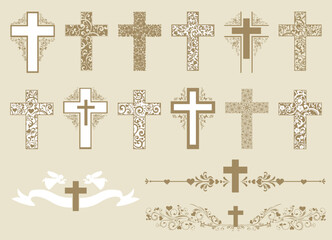 Religion cross icon set isolated on background.  Big Collection of Christian Symbol design. Decorated crosses signs or ornamented crosses symbols. Vector illustration