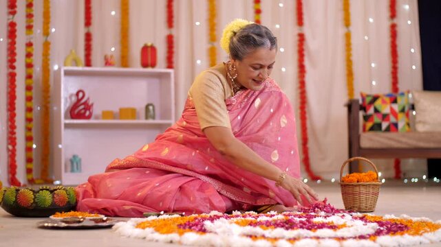 A woman decorating a flower Rangoli with colorful flowers - auspicious occasion  festive season  flower art  house decoration for festival. Pan shot of a woman decorating her home - Diwali decorati...