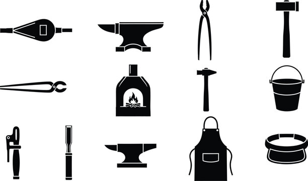 A comprehensive set of essential blacksmithing tools and equipment illustrated as black silhouettes