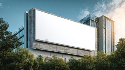 Obraz premium Empty rooftop billboard poster mockup on shopping mall, huge white advertising template on modern building roof framed by trees, outdoor banner with copy space