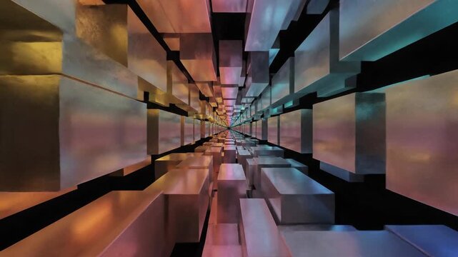 Abstract block tunnel with reflective metallic texture and geometric patterns