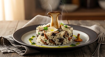 Exquisite Mushroom Risotto - A Culinary Masterpiece on Rustic Wood.