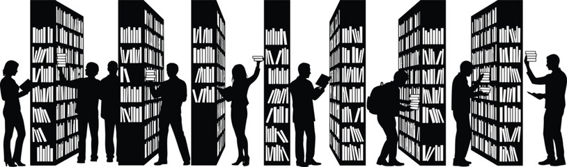 Black silhouette of people browsing bookshelves in a large library for academic research literature education concepts bookstore marketing and public school library vector graphic designs, © MDRAZIURRAHMAN