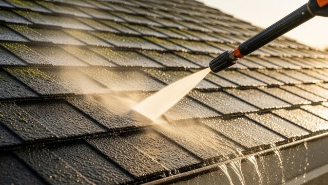 High pressure water jet removing dirt from roof tiles demonstrating effective home exterior cleaning