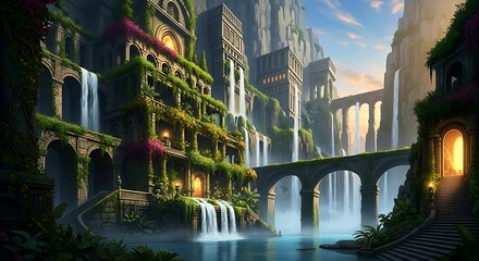 Lush Waterfalls and Ancient Architecture - A Verdant Cityscape.