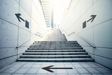 An empty building architecture design features a minimalist staircase interior leading from a quiet corridor toward a bright stairway to the sky and heaven