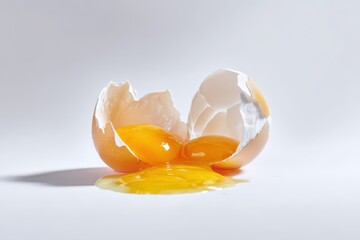 Broken chicken egg close-up: yolk and whites spilled on a pristine white surface