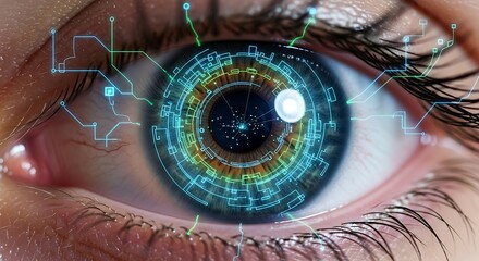 Futuristic eye with digital interface overlay, representing advanced technology and vision.