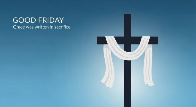 Minimalist vector cross draped in white cloth, symbolizing solemn good friday on a blue background.