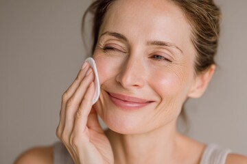 Calm beauty scene: facial cleansing for healthy skin in a spa-like gray setting