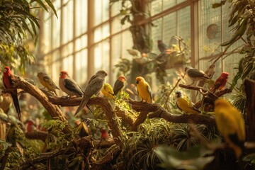 Calm, bright aviary scene featuring canaries, parrots and other birds amid tropical plants