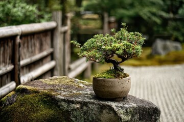 Calm contemplative scene featuring a bonsai among moss and raked gravel in a tranquil garden