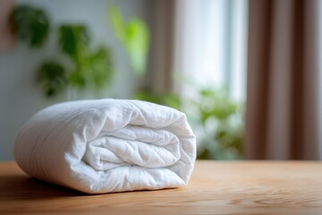 Calm interior detail: white bedding neatly folded on a smooth surface with gentle bokeh