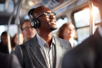 Carefree professional singing on a crowded city bus wearing headphones