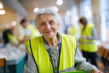 Caring grandmother at a charity event, smiling portrait in an indoor setting
