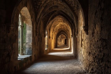 Fototapeta premium Castle Hallway in Tomar, Portugal: Ribbed Vaulted Ceiling and Sunlit Stone Corridor