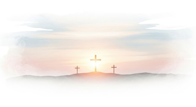 Ethereal watercolor illustration depicting three crosses silhouetted on a hill at sunrise.