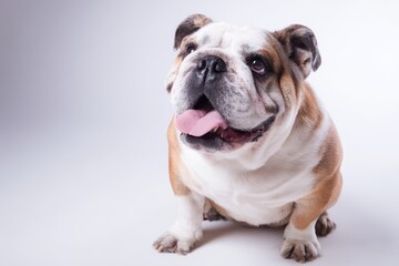 Charming bulldog posing on a white studio backdrop with tongue out