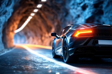Car Accelerating Through Mountain Tunnel with Headlights On