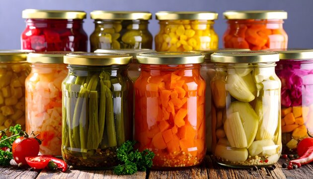 Tarros de verduras encurtidas y fermentadas caseras sobre mesa r&uacute;stica con ingredientes frescos