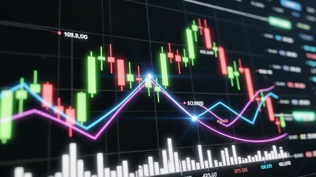 A high-resolution image of a digital financial candlestick chart with glowing elements representing stock market data analysis. video