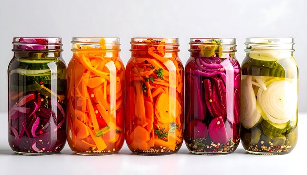 Tarros de verduras encurtidas variadas con colores vibrantes sobre fondo claro minimalista