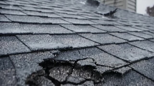 Close up of damaged asphalt shingles on a rooftop with cracks and wear.